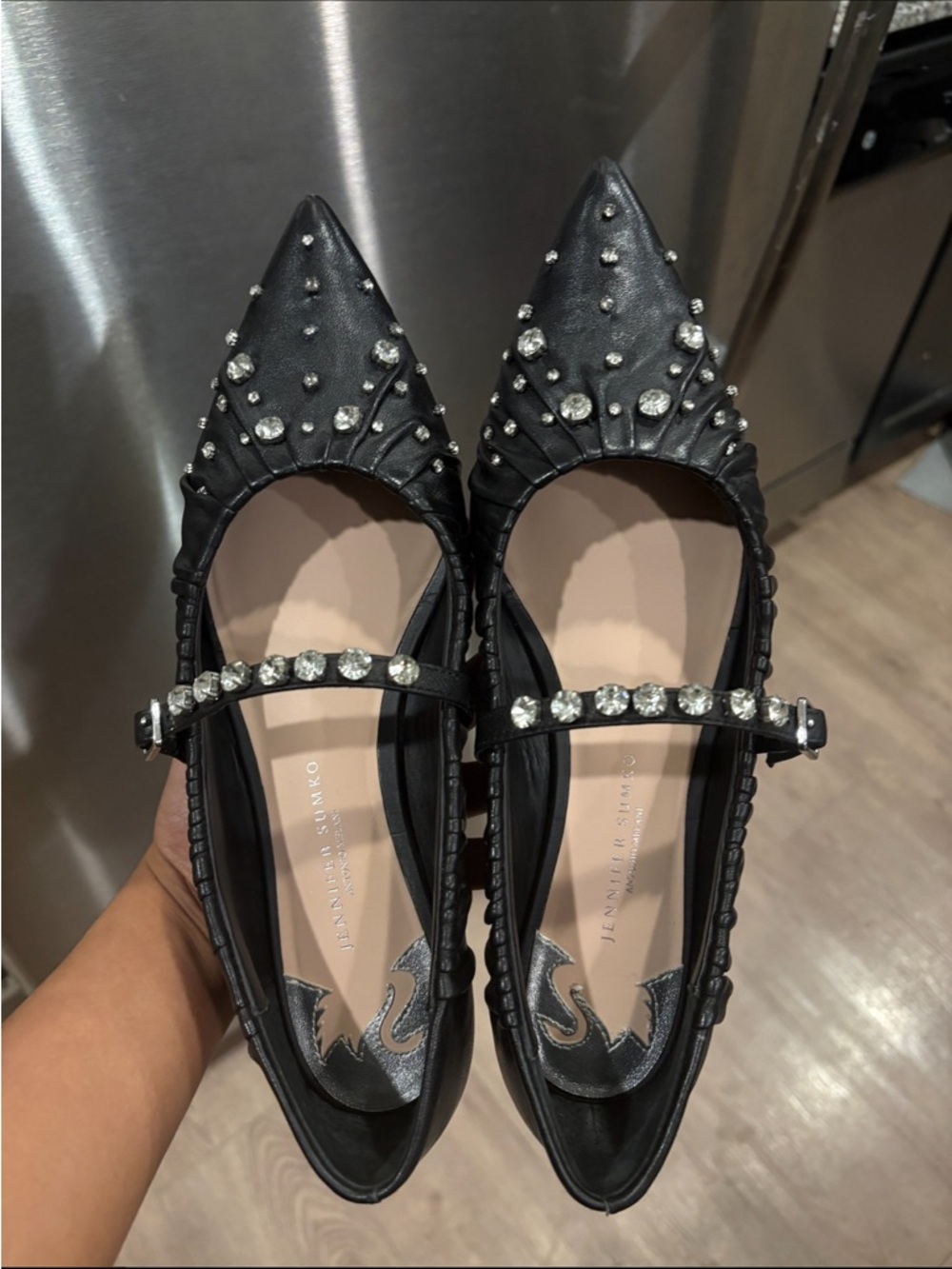 ANTONIO MELANI Black Crystal-Studded Pointed Mary Jane Flats